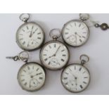 Five 19th Century silver open faced pocket watches including fusee driven,