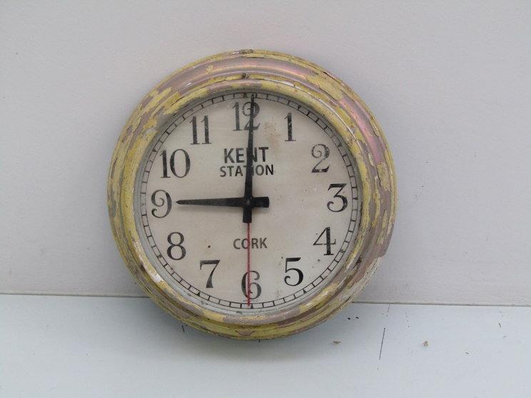 A mid 20th Century electric station dial clock signed Kent Station, Cork, case a/f,