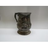 A John Payne Georgian silver tankard with embossed farmyard scenes of sheep, dog and houses,