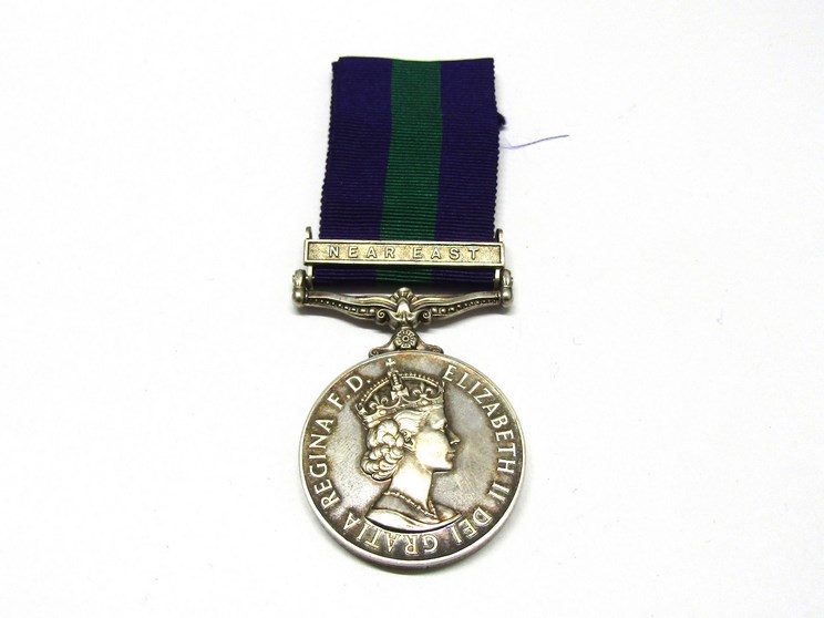 An EIIR General Service Medal (GSM) with Near East clasp named to 23152328 PTE. D. LEGG. R.P.C.