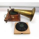 An oak cased Gramophone and Typewriter Ltd gramophone with spin brass horn and leather elbow circa