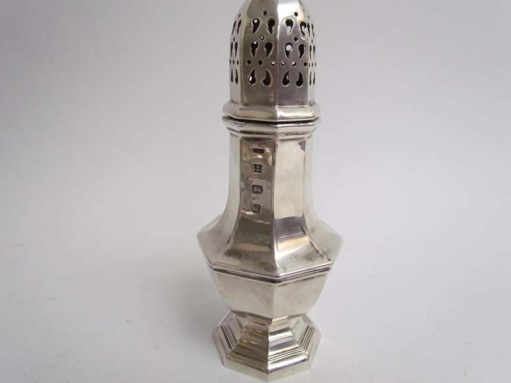 A Harrison Brothers and Howson Ltd silver sugar caster with finial top, faceted body, - Image 2 of 2