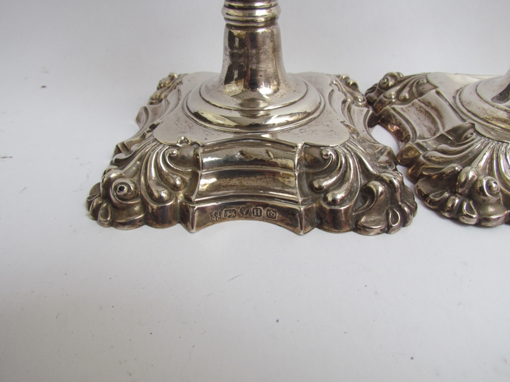 A matched set of four Creswick & Co cast silver candlesticks in the mid 18th Century taste, - Image 2 of 7