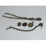 Two silver watch chains and associated Alberts,