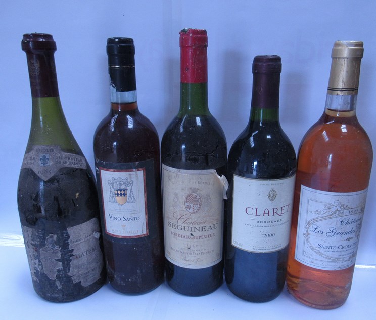 Five bottles of various wines including 2000 Claret, 1993 Chateau Les Grandes Vignottes,