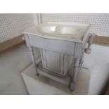 A child's French painted wooden wash stand with ceramic basin and chamber pot