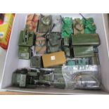 A box of fifteen military diecast vehicles including tank carrier