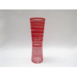 An Orrefors "Zwizz" vase of waisted form in clear glass with bands of red, labelled,