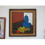 MONICA HESTER (XX) : Oil on board depicting still life coffee pot, with fruit, 46cm x 44cm,