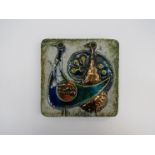A square West German Schaffenacker textured wall plaque depicting two stylised birds,
