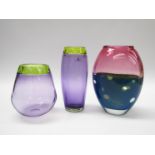 STUART AKROYD (XX/XXI) Three signed contemporary studio art glass vases in pink/purple.