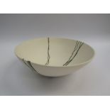 A Studio Pottery bowl, white ground with black streaks, unmarked, 9.