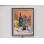 JOYCE MEYERS (XX): A framed oil on board "Still Life with a Yellow Pot", signed and labelled verso,