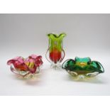 A Joseph Hospodka glass vase and two dishes for Chrisbska in various colours, tallest 22.