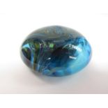 An art glass papaerweight in blues, JJC 08 etched to base, 6.