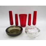 A collection of Whitefriars including ruby bud vase, Powell vase and two dishes.