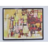 A frame and glazed abstract water and body colour on paper, geometric forms in yellow,