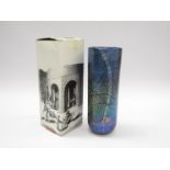 A Laugharne Glass iridescent cylinder vase, labelled and in original box.