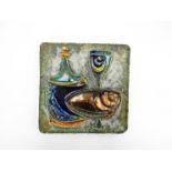 A square West German Schaffenacker textured wall plaque depicting a stylised still life group,