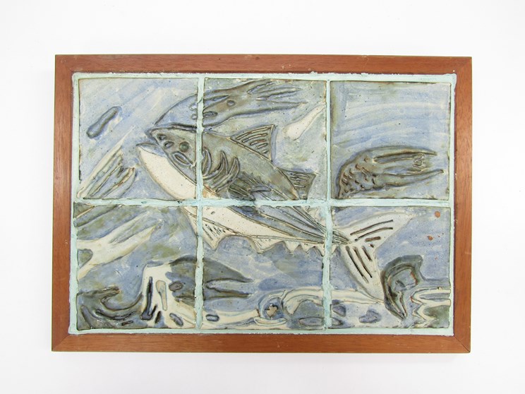 COLIN KELLAM (b.1942) A rare large framed tiled wall plaque of fish in raised relief, 28.