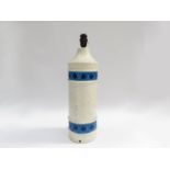 A Bitossi style pottery lamp of cylindrical form in white with bands of blue, circle detail,