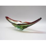 A large splash bowl, probably Czech, in red, amber and green glass,