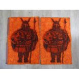 Two Danish Rya rug style wall hangings with images of Vikings and an orange and black Danish carpet