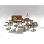 A quantity of Danish stainless steel items toast rack, jam pot, small pans, candleholders etc,