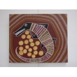 A contemporary original oil on canvas aboriginal painting indistinctly singed to reverse. 50.