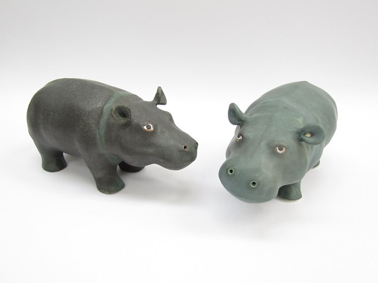 Two Studio pottery figures of Hippo's in green/slate glazes, unmarked,