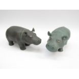 Two Studio pottery figures of Hippo's in green/slate glazes, unmarked,
