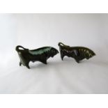 Two green glazed Trentham Pottery bulls, posy and money box, designed by Colin Melbourne.