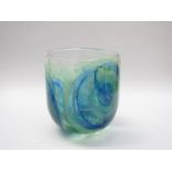 PAULINE SOLVEN (b.1943): Studio glass vase, clear with blue and green swirls.