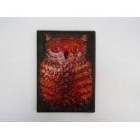 A Ceramano West German ceramic wall tile depicting a brightly coloured owl in fat lava orange glaze.