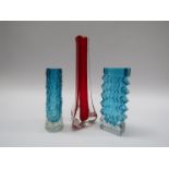 Whitefriars "finger" and "zig-zag" vases in kingfisher blue and a ruby "tricorn" vase, tallest 22.