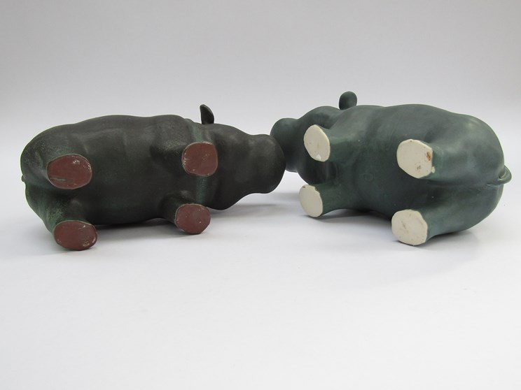 Two Studio pottery figures of Hippo's in green/slate glazes, unmarked, - Image 2 of 2