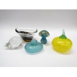 A collection of Art glass including Kosta bowl and hedgehog paperweight, Mdina mushroom.