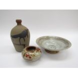 A studio pottery bowl, bottle and small vase, Mashiko style, tallest 17.