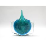 A Mdina fish vase in blue with squared sides, unmarked,