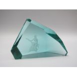 A Scandanavian glass 'ice' sculpture etched with girl playing instrument, signed to base, Kronoberg,