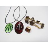 Two 1970's enamelled copper pendant on black cord necklaces enamelled ring and 1970's pebble agate