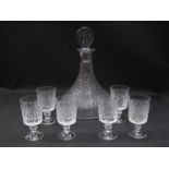 A Whitefriars snowflake decanter together with six small similar pedestal glasses