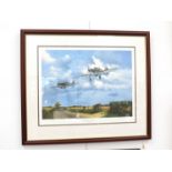 A limited edition print "Return from Combat" depicting Hurricanes of 85 Squadron 1940,