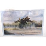 A limited edition print after Michael Rondot, "Gauntlet", Harrier Jump Jet hovering, signed, 26/50,