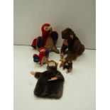 Three vintage Steiff monkeys and three Steiff parrots