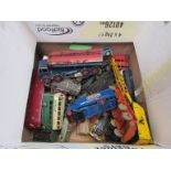 A collection of played with Dinky diecast vehicles including Foden tanker,