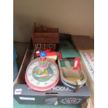 A box of vintage wooden toys etc including Sylvanian Families boat