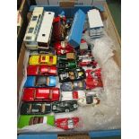 A box of assorted diecast cars including Corgi, Solido, Brumm, Siku,