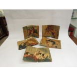 Five Japanese cards on linen (stuck to card) depicting scenes of erotica, 18.