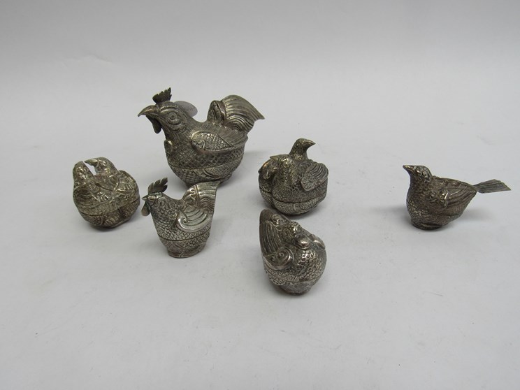 Six Cambodian white metal animal form trinket pots including Chicken,